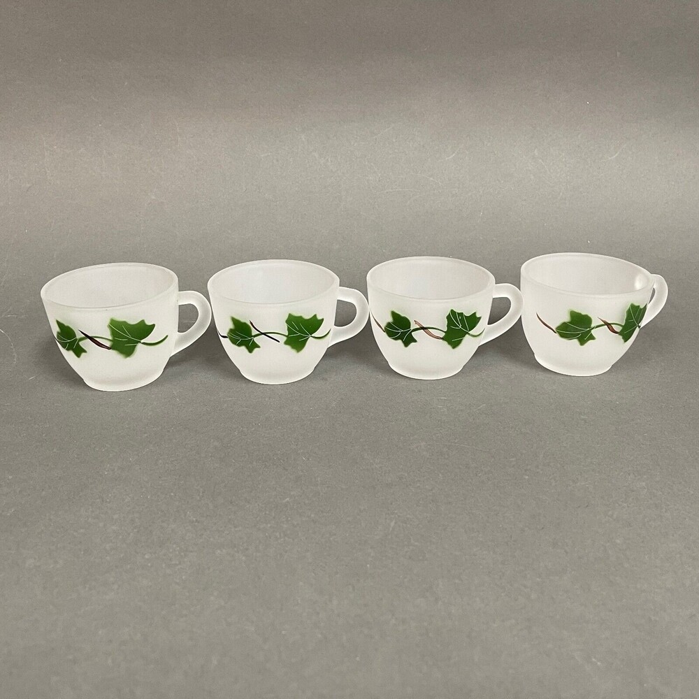 Vintage Federal Glass Punch Bowl Cups Satin Frosted Ivy Green Lot of 4